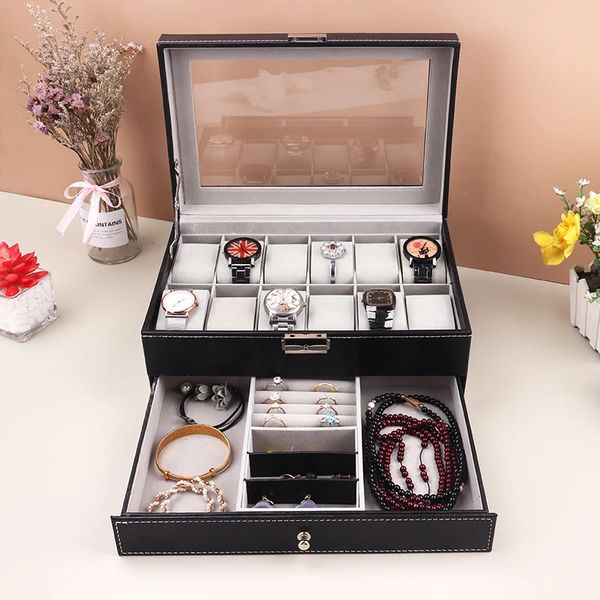 12 Grades Caixa de relógio Pu Leather Case Organizer Organizer para relógios de quartzo caixas de jóias Display Presente 240327