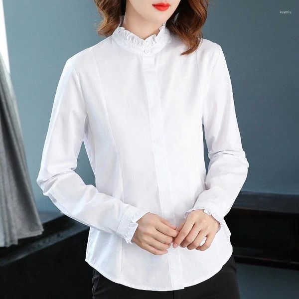 Camicette da donna 2024 camicia di cotone pura manica lunga coreana sottile collare a orecchio in legno con supporto bianco