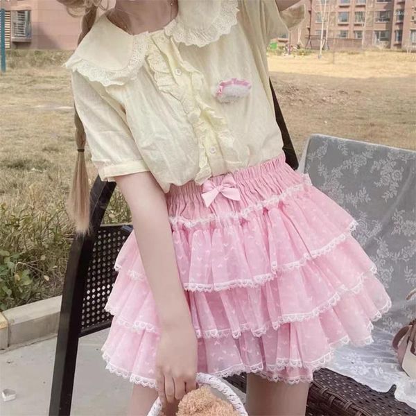 Женские трусики Lolita Kawaii JK Ruffles Bloomers Чернозоно -розовый белый хараджуку Женщины Короткие брюки Y2K Японские 90 -е сладкие кружевные шорты