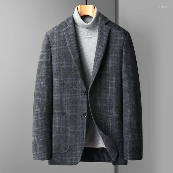 Herrenanzüge koreanischer Stil Männer Plaid Woll Blazer Klassische graue navy braune Schafanzug Jacke Checkted Muster Coat Outfit Männliches Kleidungsstück