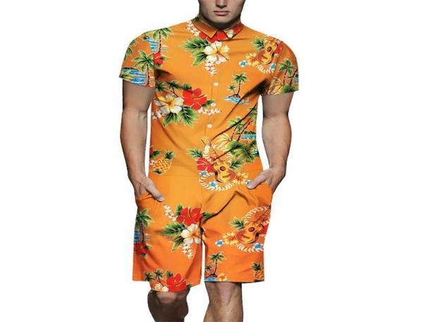 Impressão floral de verão macacão massaceiros de lapela de manga curta Macacões relaxados acima do joelho masculino Streetwear8537615