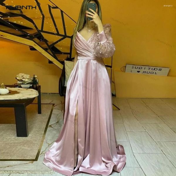 Landebahnkleider Ryanth Full Ärmel Promi-Kleid Arabische Abend Hochzeitsfeier V-Ausschnitt Pailla Prom Kleid Vestidos para Eventos Especiales