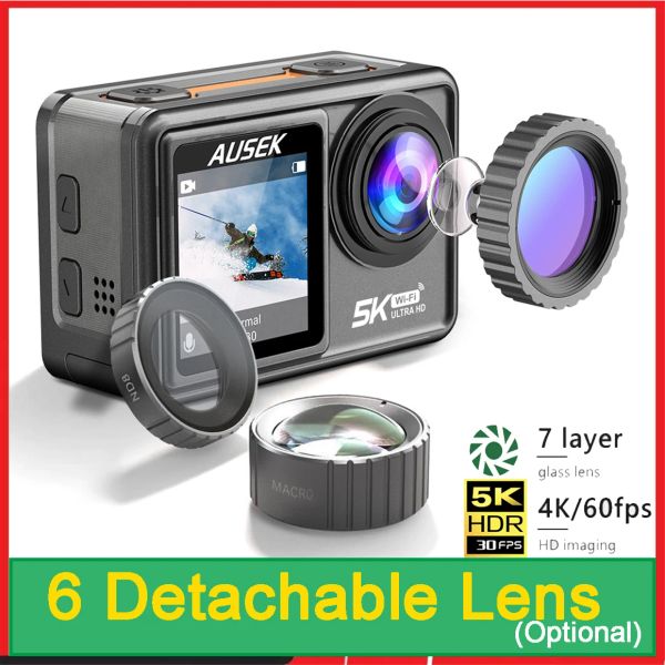 Makineler Eylem Kamerası Çıkarılabilir Filtre 6 lens 5K 30FPS 4K 60FPS 48MP Çift Ekran 2 