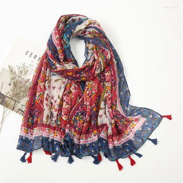 Шарфы ретро -цветочное искусство хлопок и льняной шарф для женского тонкого богемного расчавоза