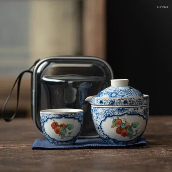 Tee -Sets blau und weißer chinesischer Reise Tee -Set Keramikblumen Porzellan Gaiwan Tasse Schüssel