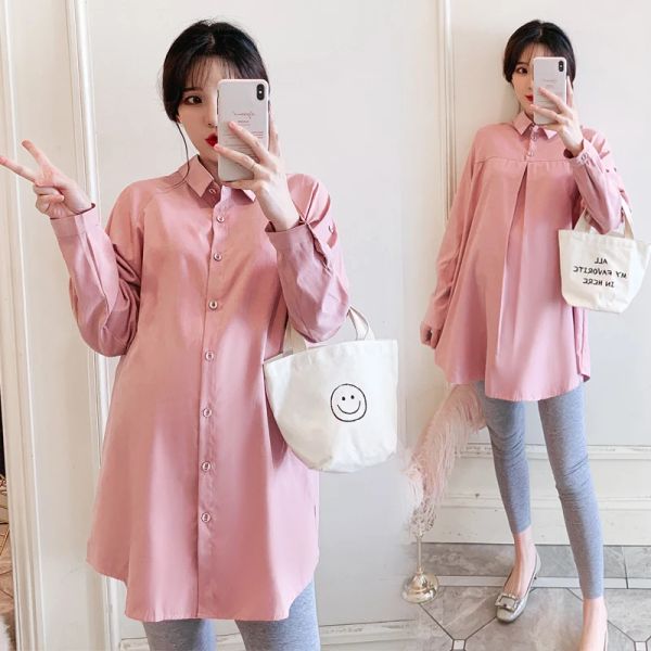 Kleider 6080# Frühling Koreanische Mode Mutterschaft Bluse Chic Ins Langarm eine Linie Lose rosa Hemd für schwangere Frauen Schwangerschaft Tops