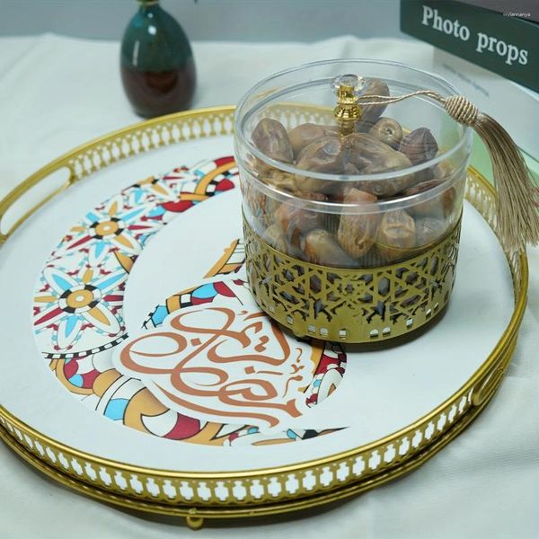 Garrafas de armazenamento 1pc jarra de doces com tampa Ramadan decoração caixa de lanches Eid Metal Pattern Plástico Transparen