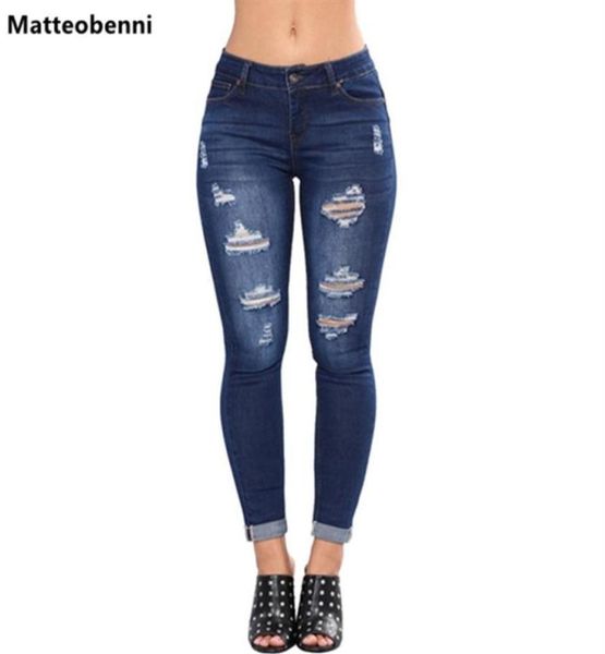 Bleach lavagem ralada Ripped lápis jeans skinny feminino azul cintura skinny longa calça longa 2018 botão de rocha jeans de jeans 320a7737698