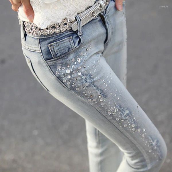 Jeans femininos damas shinestone diamante jeans rasgou calças vintage de calças de lápis magro e magro