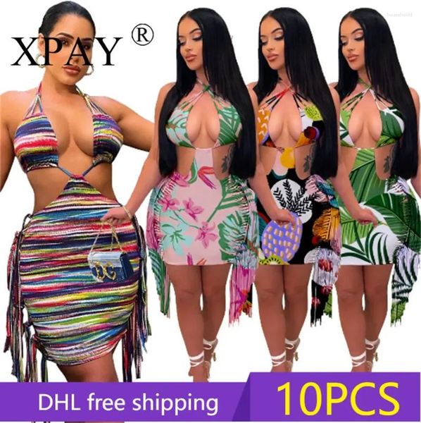 Lässige Kleider 10pcs Schüttgutstücke Großhandel Lose sexy sexy Rückenfrei für Frauen 2024 Mode gedruckte Quasten Wrap Hip Mini Kleid Y2K X9769