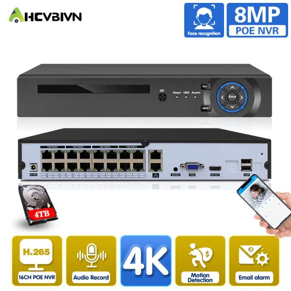 Gravador 16CH 4K 8MP Poe NVR Video Video Recorder Ultra HD H.265 48V Câmera de áudio IP Smart AI Detecção de rosto CCTV System P2P Network XMeye