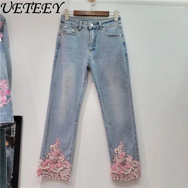 Damen Jeans Heavy Industry Perlen Diamond-eingebettete Frauen Frühling Sommer hoher Taille Schlampe Lace Stickarette Zigarettenhose Street