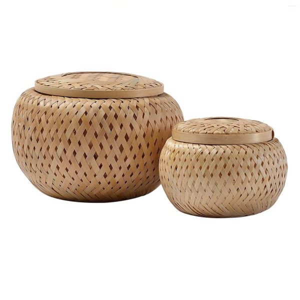 Conjuntos de Teaware Conjunto de 2 pequenas cestas decorativas de bambu com tampa para armazenar itens feitos à mão e de armazenamento trançado