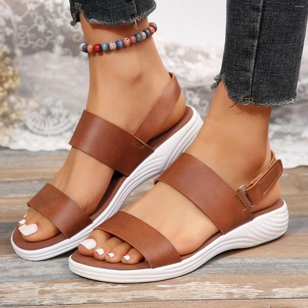 Sandálias femininas largura larga largura feminina verão de couro macio color color praia sant os sapatos de moda 2024 tendência