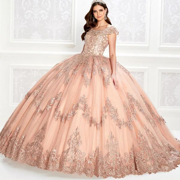 Kleider Luxus Prinzessin Ballkleid Quinceanera Kleider 2021 Süße 15 Party -Festzug Spitzenkristallperlen Tüll Tüll Schaufel Hals Korsett Mitte gemacht