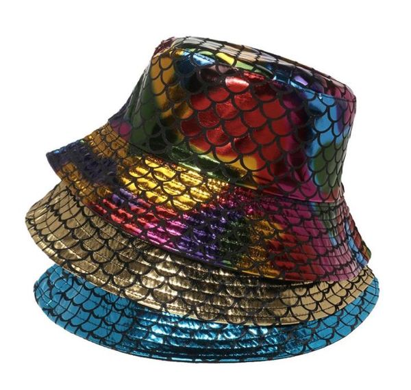 Roupas étnicas tendência de verão arco -íris colorido de ouro e prata escamas de panela de pescador para fêmea sereia panamá bucket chapéu h6015903