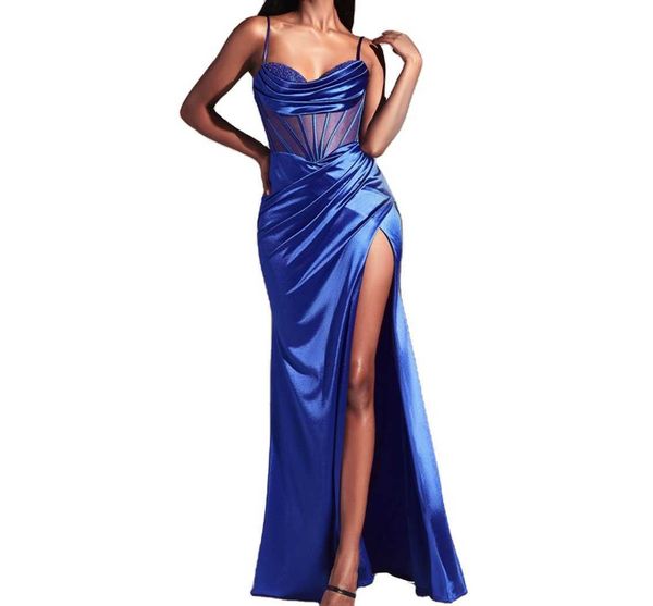 Custom dickes Material 550 Gramm Damen Prom Kleider ärmellose sexy mesh transparent Taille Elastizität Satin Abendkleider