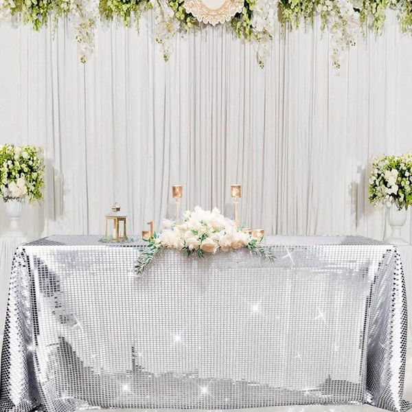 Tala de mesa 55x108in cocho de parque de tabela espelho espelho alumínio prateado brilho glitter capa para casamento de dança