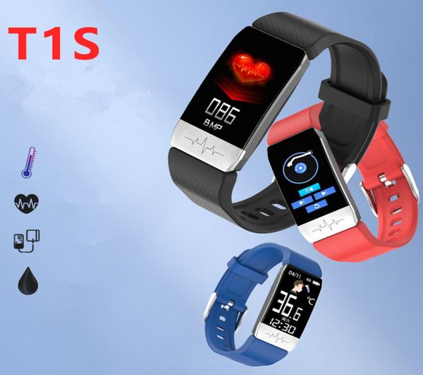 Banda de pulseiras inteligentes T1s com medição de temperatura corporal ECG PPG Rastreador de fitness Bluetooth Pressão Bluetooth Plestor para telefone2987332