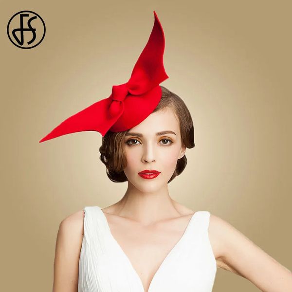 FS Wool Felt Red Women Igreja Chapéus para Casamento Fascinador Black Pillbox Hat Ladies Tea Party Bow Vintage Cocktail formal Fedoras 240401