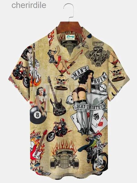 Camicie casual maschile Royaura Retro Skull Pin Girl Rockabily Flame Dice Stampa Hawaii Extra Large Aloha Wrinkle Free Shirt Summer Top YQ240408