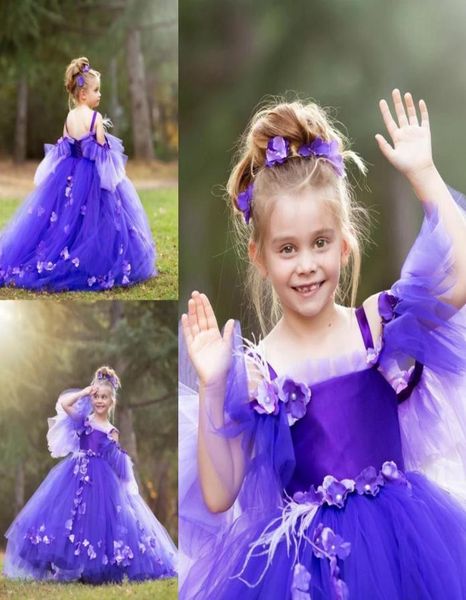 Новая фиолетовая 2023 цветочная девушка платья для бального платья Tulle Little Girl Свадебная винтажная причастие.