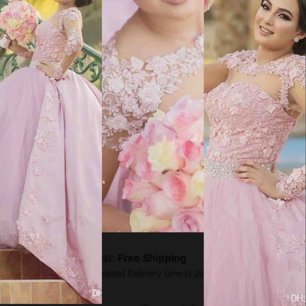 Vestidos rosa novo vestido de banheiro meninas vestidos jóia jóia lace apliques miçangas de mangas compridas Flores fofas de trens