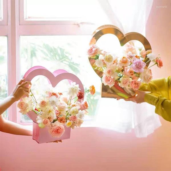 Hediye Sargısı Kalp El Taşınmış Çiçek Kutusu Büyük Portatif Ambalaj Diy Çiçekçi Buket Dekor Düğün Şeker Hediyeleri Sarma Çantalar