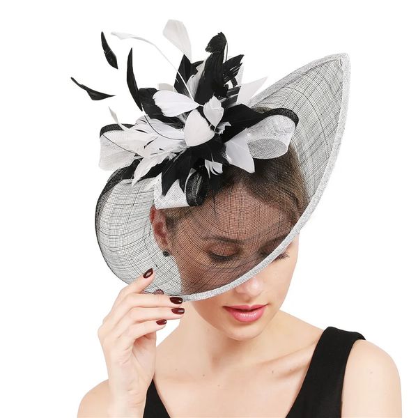 Eleganti cappelli affascinatori Sinamay con fiore di piume Trime cocktail e copricapo da sposa da sposa più colori 240401