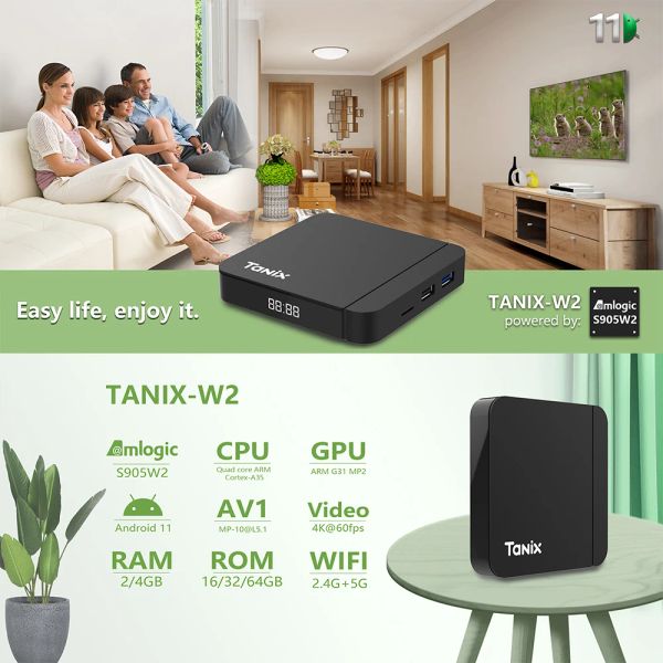 Caixa Tanix W2 Caixa de TV Inteligente Android 11 4K HD BT5.0 Amlogic S905W2 2G 16G Media Players 2.4g 5g WiFi TF TF Caixa superior PK A95X F3 AIR