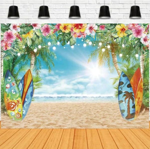 Decoração de festa flor prancha de surf prancha de fundo banner picture pó estande de verão praia havaiana praia cenário céu oceano