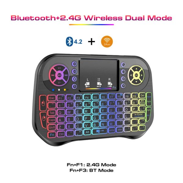 Define o teclado Bluetooth Mini Bluetooth 2.4G Modos duplos de mão de mão portátil 3Color Backlit teclado Touchpad Controle remoto para Windows Android