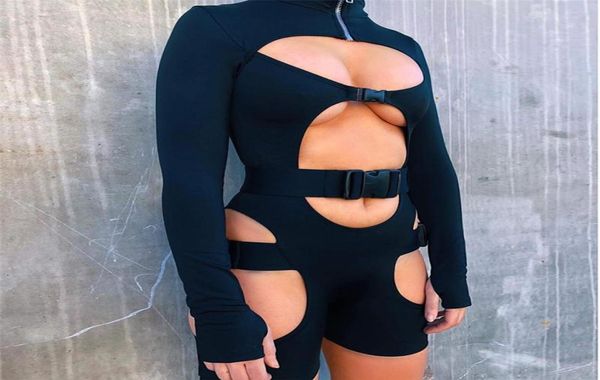 Lässige Kleider Hirigin Women Bodycon Schnalle Schnitt aus dem Biker Rompers sexy Langarmes Hohlkleidung Bodysuit ein Stück kurze Jumps7152242