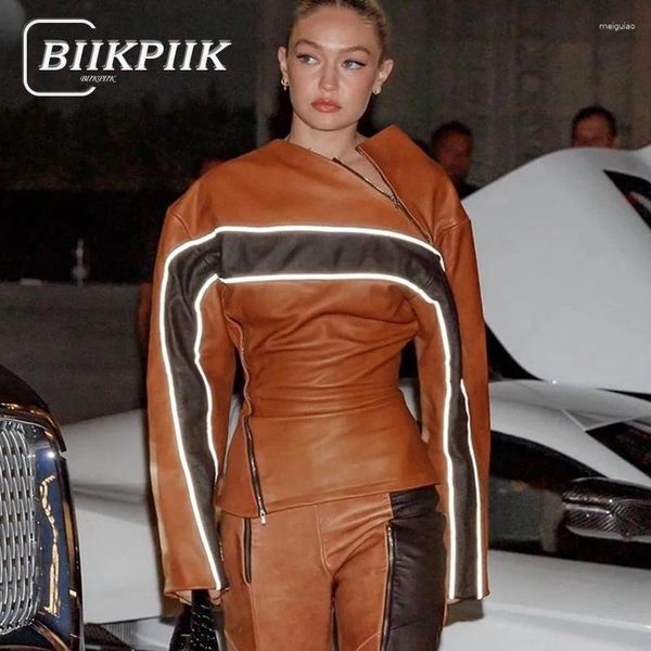 Женские футболки T Bikpiik Motobiker Contrast Color Leather Top для женщин повседневная мода на взлетно -посадочную полосу