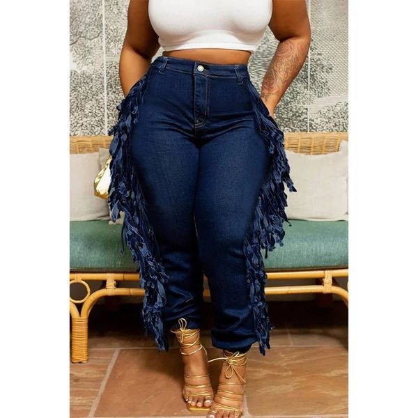 Plus Size Daily Jeans Denim Fringe Asymmetrische Taille Frachtjeans mit Taschen -Vestidos Para Mujer 240320