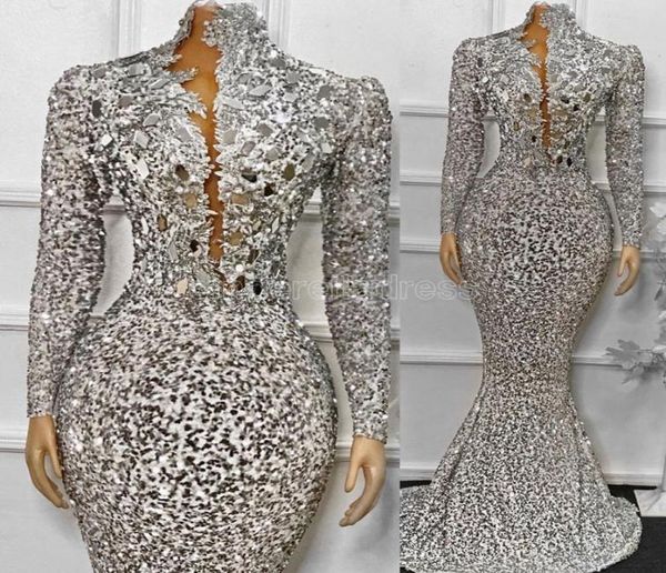 2022 Африканские блески вечерние платья с длинными рукавами Русалка Женщины Формальное платье для вечеринок блестящие выпускные платья с высокой шеей в бисе