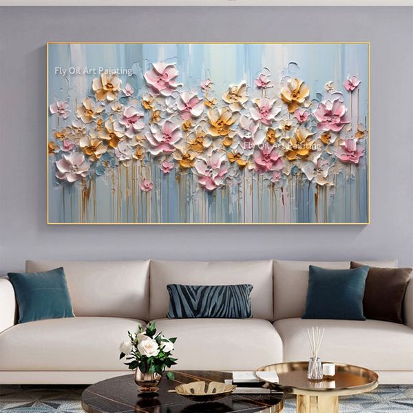 Abstract Pink Flowers Oil Painting Flowers dipinto a mano Paesaggio tela Painting Floral Wall Art Tela Spring Living Room Decor