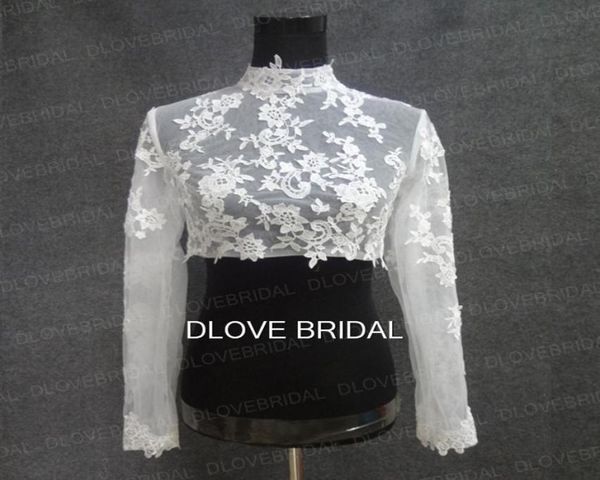 Po alto de pescoço alto de manga comprida jaqueta de noiva de renda com tule de tule vestido de festas de casamento pura o bolero com botões cobertos Cu5467545