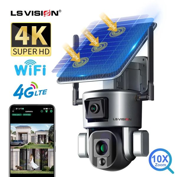 Câmeras LS VISÃO 4K UHD DUAL SCRECEEN Visualização 4G Câmera solar solar Wi -Fi 10X Zoom óptico Twoway Audio Color Night Vision Camera CCTV Câmera