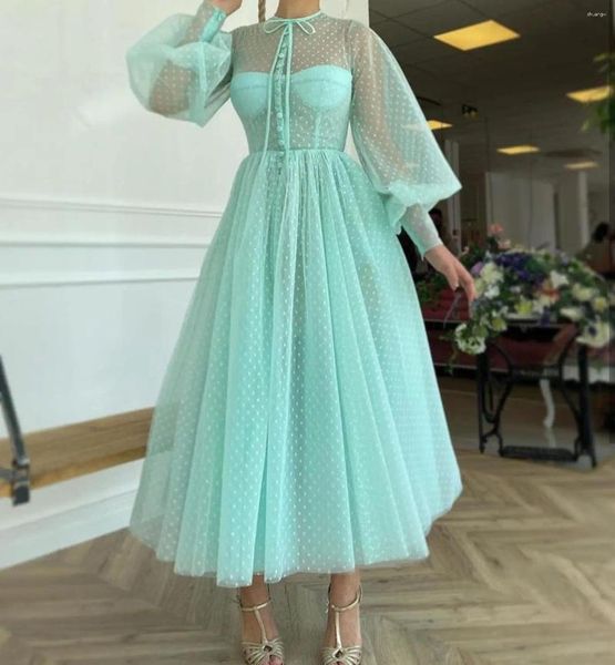 Vestidos de festa vestidos curtos menta verde longa lanterna manga tornozelo ponto de comprimento da rede feminina de alta moda formal para menina