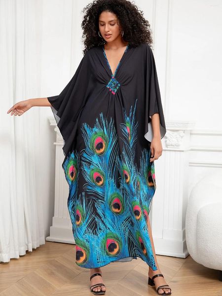 Summer Holiday Beach Maxi Dress 2024 Women Beachwear Swimsuit Cover Up Plus size a Vesto a V-Kiftan House Robe Q1289