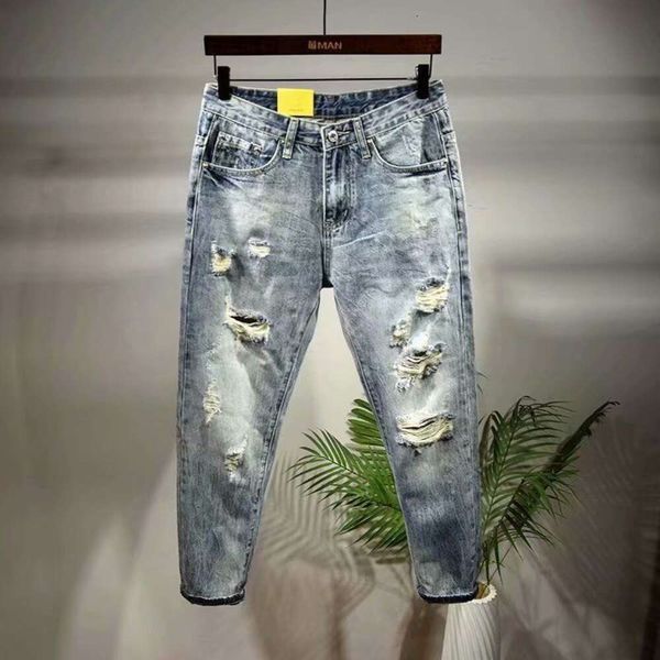 Gebrochene Jeans, Bettlerhosen für Männer, kratzende und abgenutzte koreanische im koreanische Stil trendige Kumpelhosen, Jugendfeder und Herbsthosen