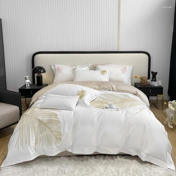 Yatak takımları altın pembe tüy nakış pamuk seti yorgan kapağı keten tabaka yastık kılıfları ev tekstilleri