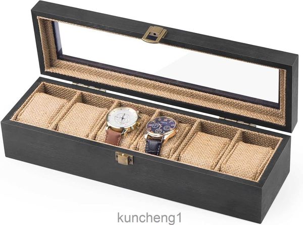 Alsonerbay Watch Box 6 Slot Watch Display Case per uomini Women Black Watch Organizzatore Porta di stoccaggio in legno bloccabile per orologi da polso con coperchio di vetro e pillo rimovibile