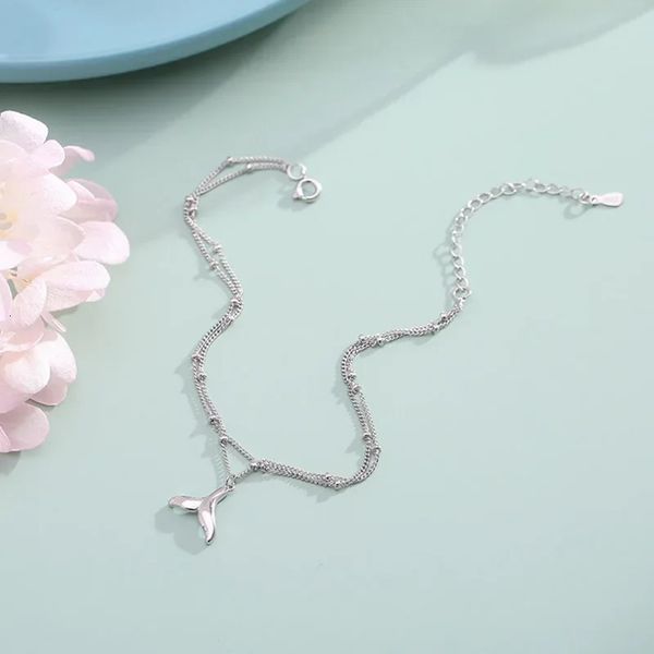 925 Silver Double Round Bead Fishtail Anklet Versione coreana Cinea carino Sweet Personality Student Birthday Gift 240408