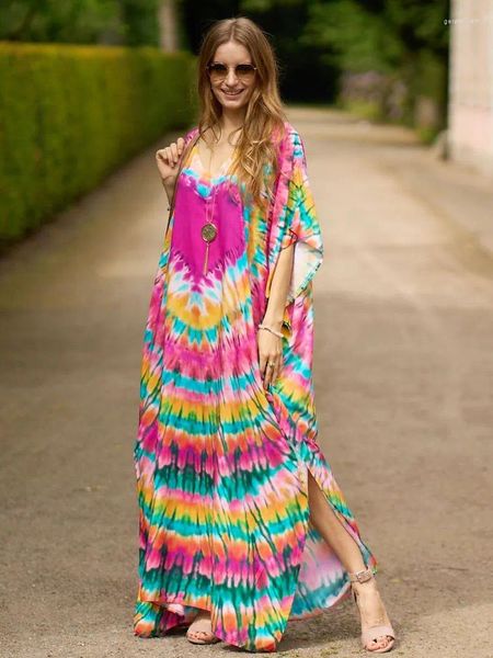 Boho gedruckte Bikini-Vertuschungen sexy Batwing-Ärmel Maxi Kleid Frauen marokkanische Kaftans Robe Beachwear Badeanzug Cover up q1450