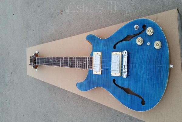 mavi renk yeni varış kuşları kakma klavye prs üst çift f delik yarım içi boş elektro gitar 3484037