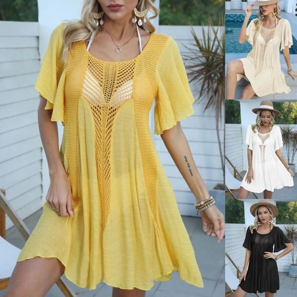 Solid Sexy Coverp ups Mulheres O-Gobes Praia Roupa Irregular Hollow Out Dress Lady Lady Casual Spring Summer Summer sem biquíni