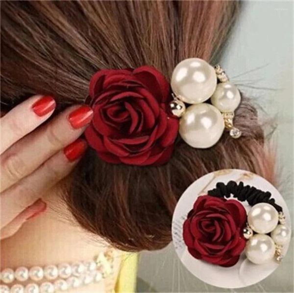 Bunte Rose Faux Pearls Hair Band; handgefertigte Blumenperlen Krawatten; Blumenmotivponytailhalter Seil Scrunchie; Stirnband Scrunc