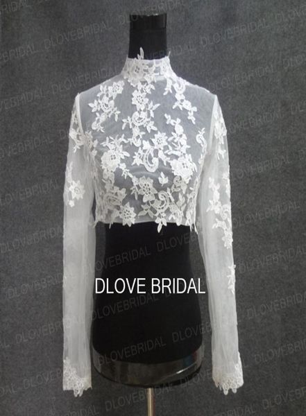 Echter po hoher Hals langhärmerischer Brautjacke Spitze applizierte Tüll Hochzeitsfeier Kleid Bolero mit bedeckten Knöpfen Cu5547519